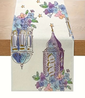 White Lantern And Flowers Ramadan Table Runner 13inches x 108inches