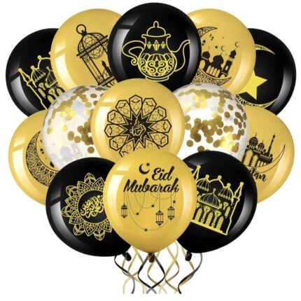 Assorted Ramadan Mubarak / Eid Mubarak Balloons 12 - Pack - Black/Gold