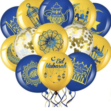 Assorted Ramadan Mubarak / Eid Mubarak 12 Pc Balloons - Blue/Gold