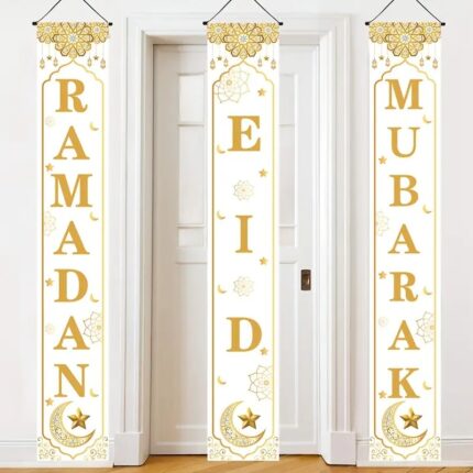3Pc White & Gold Ramadan & Eid Mubarak Door Banner Set