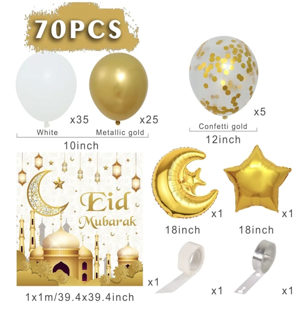70Pcs White & Gold Eid Mubarak Backdrop Banner & Balloon Set - Image 2