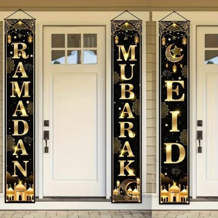 3 PCS Black Ramadan & Eid Mubarak Hanging Door Banner -11.8inch x 70.8inch
