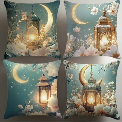 4PC Green Crescent Moon & Lantern Throw Pillow Cover