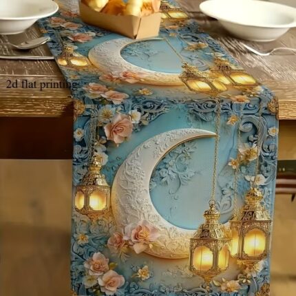 Teal Crescent Moon Floral Table Runner - 72x13inch