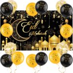 16 Pcs Black & Gold Eid Mubarak Backdrop Banner & Balloon Set