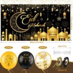 16 Pcs Black & Gold Eid Mubarak Backdrop Banner & Balloon Set - Image 2